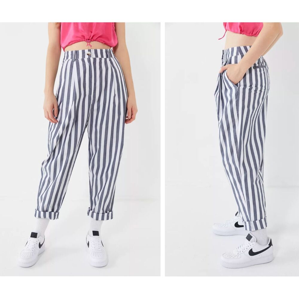 URBAN OUTFITTERS Percy Striped Pleated Grey High Rise Tapered Pants Womens 4